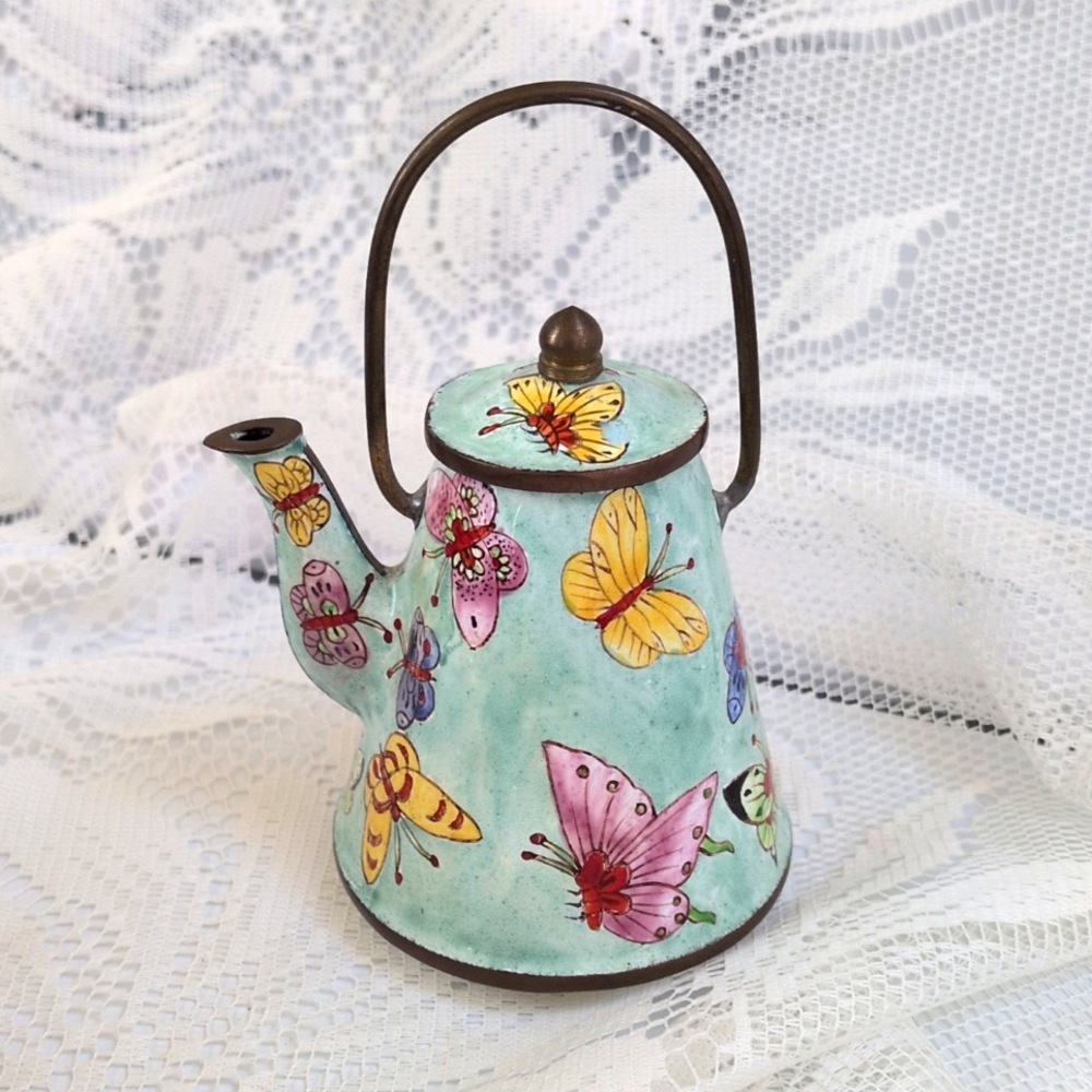 Vintage Miniature Enamel On Metal Empress Art Butterflies Teapot